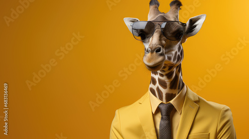 a giraffe wearing yellow suit, tie, sunglasses on yellow background © akarawit