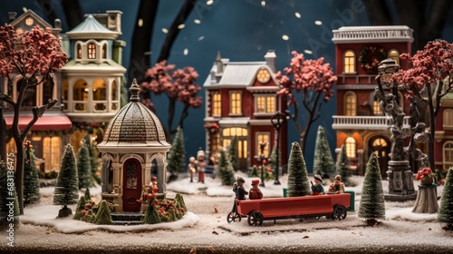 A miniature village square adorned with festive decorations for a holiday celebration. photo