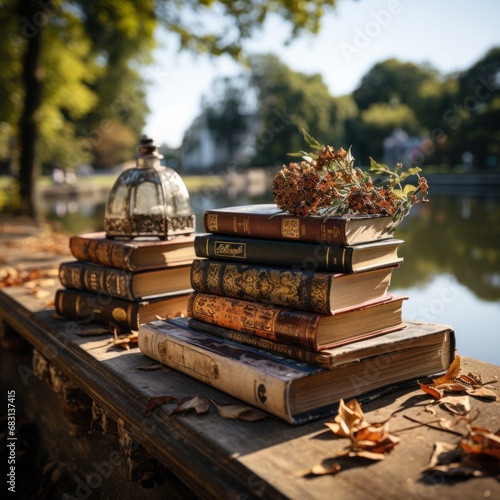 Pile of books looking for literature in the background of a city park, the concept of relaxing, studying, reading, school, education, increasing knowledge, etc. Ai generative image