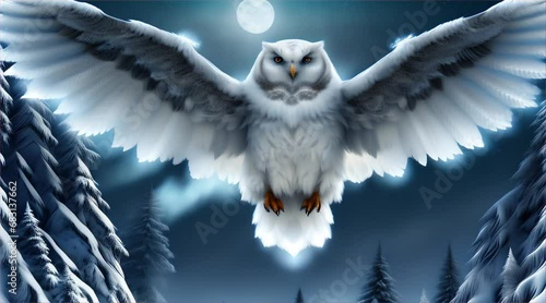 満月の冬に飛ぶシロフクロウ｜Snowy owl flying in winter with full moon Generative AI photo