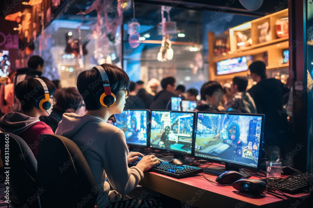 Gaming Cafe Vibes- Young Gamer Immersed in Virtual Worlds Gaming Cafe Vibes- Young Gamer Immersed in Virtual Worlds