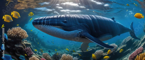 Whales are swimming underwater with beautiful colorful corals.