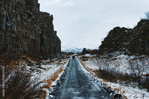 View of the snowy plateau in winter at Thingvellir National Park in Iceland. November 2021 during the Covid 19 Pandemic. On a cold winter morning. photo