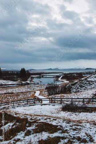 View of the snowy plateau in winter at Thingvellir National Park in Iceland. November 2021 during the Covid 19 Pandemic. On a cold winter morning. © Scotts Travel Photos