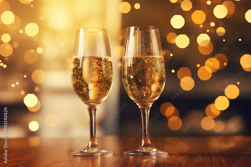 new year background with two glass of sparkling wine on a colorful confetti on blur festive background new year background with two glass of sparkling wine on a colorful confetti on blur festive background
