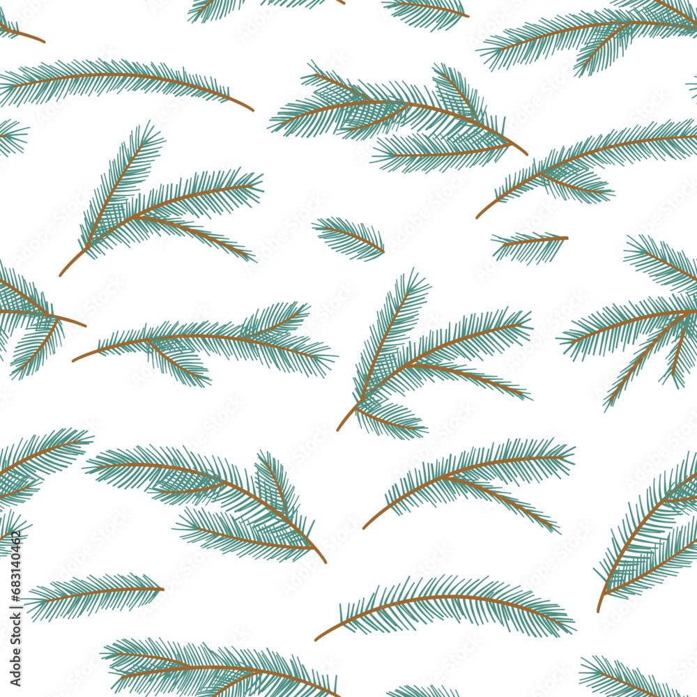 Christmas Fir Tree Branch Seamless Pattern. New year green sketch branches. Firtree or pine. Xmas spruce decoration hand drawn wallpaper. Cartoon drawing doodle vector illustration backdrop Christmas Fir Tree Branch Seamless Pattern. New year green sketch branches. Firtree or pine. Xmas spruce decoration hand drawn wallpaper. Cartoon drawing doodle vector illustration backdrop