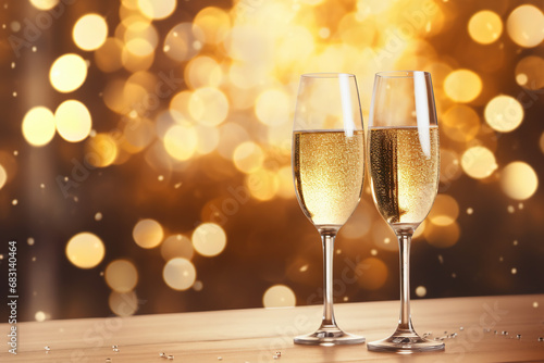 new year background with two glass of sparkling wine on a colorful confetti on blur festive background
