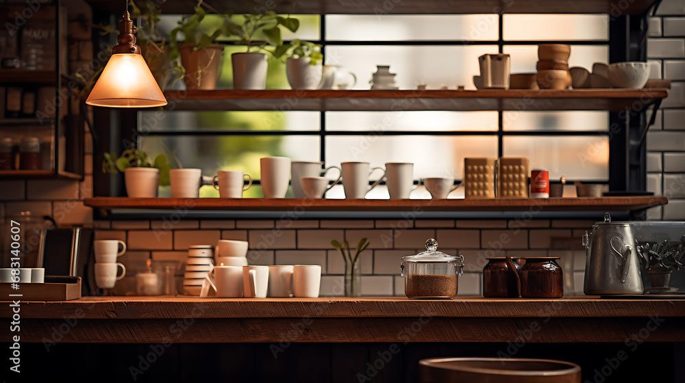 Enchanting Coffee Shop Vibes: Cozy Shelf and Table Setup with Bokeh Magic, Ultra-HD, Super-Resolution