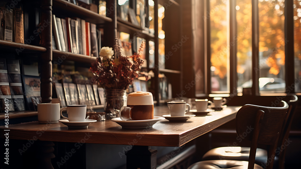 Enchanting Coffee Shop Vibes: Cozy Shelf and Table Setup with Bokeh Magic, Ultra-HD, Super-Resolution