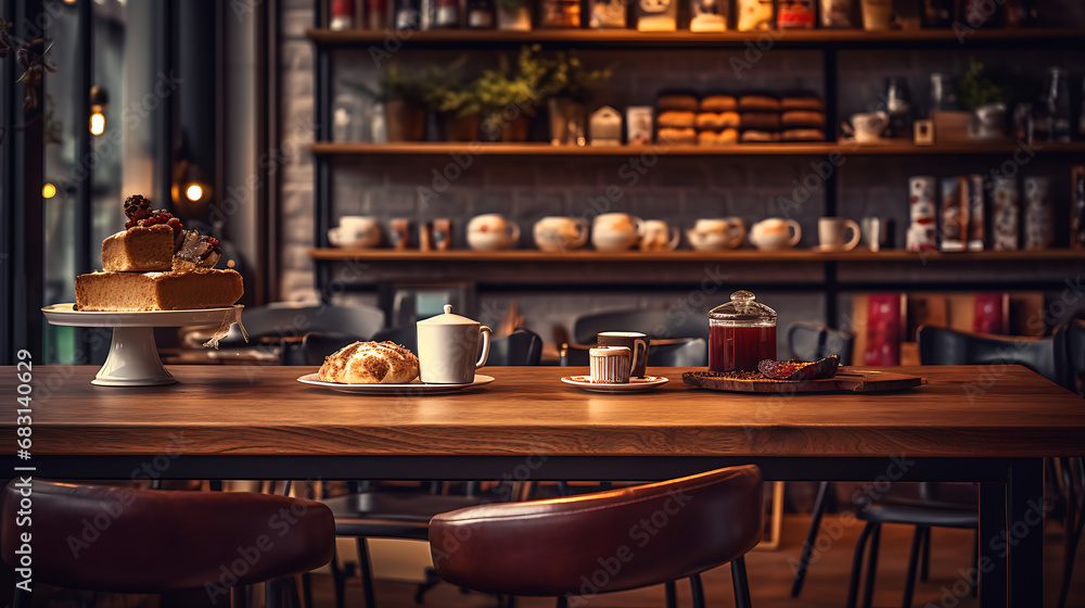 Enchanting Coffee Shop Vibes: Cozy Shelf and Table Setup with Bokeh Magic, Ultra-HD, Super-Resolution