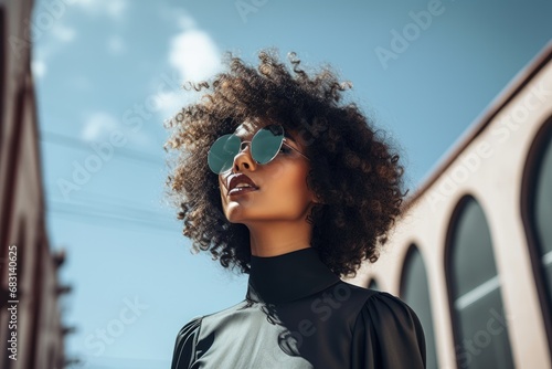 Low angle view of stylish woman with curly hair wearing sunglases photo