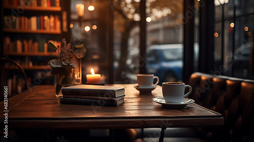 Enchanting Coffee Shop Vibes: Cozy Shelf and Table Setup with Bokeh Magic, Ultra-HD, Super-Resolution