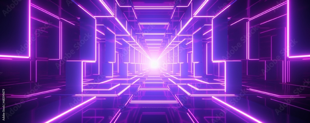 3d render, abstract neon background, violet pink glowing square shapes in perspective, empty corridor, long tunnel, fashion podium, performance stage decoration in ultraviolet light 3d render, abstract neon background, violet pink glowing square shapes in perspective, empty corridor, long tunnel, fashion podium, performance stage decoration in ultraviolet light