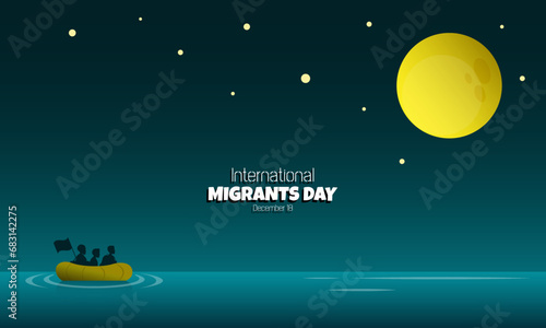 International Migrants Day poster with migrants in the middle of the sea at night