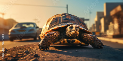 Amid the rush of a busy street, a tortoise moves slowly against a backdrop of deep city blue © vectorizer88