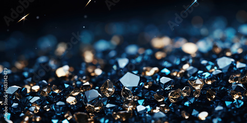 Sparkling diamonds and glitter against a deep blue background photo