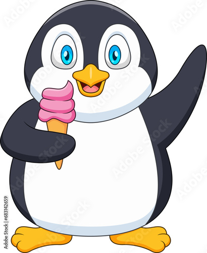 Cartoon illustration of cute penguin holding ice cream