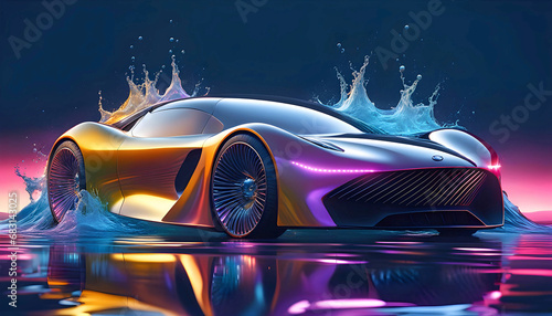 Modern car in bright light and splashes of water, beautiful graphic illustration, pop art, © Perecciv