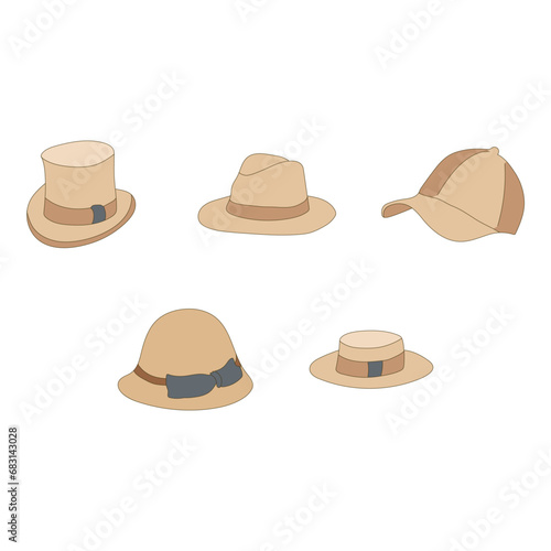 Flat vector set of man and woman hats. Stylish male and female headwear. 
