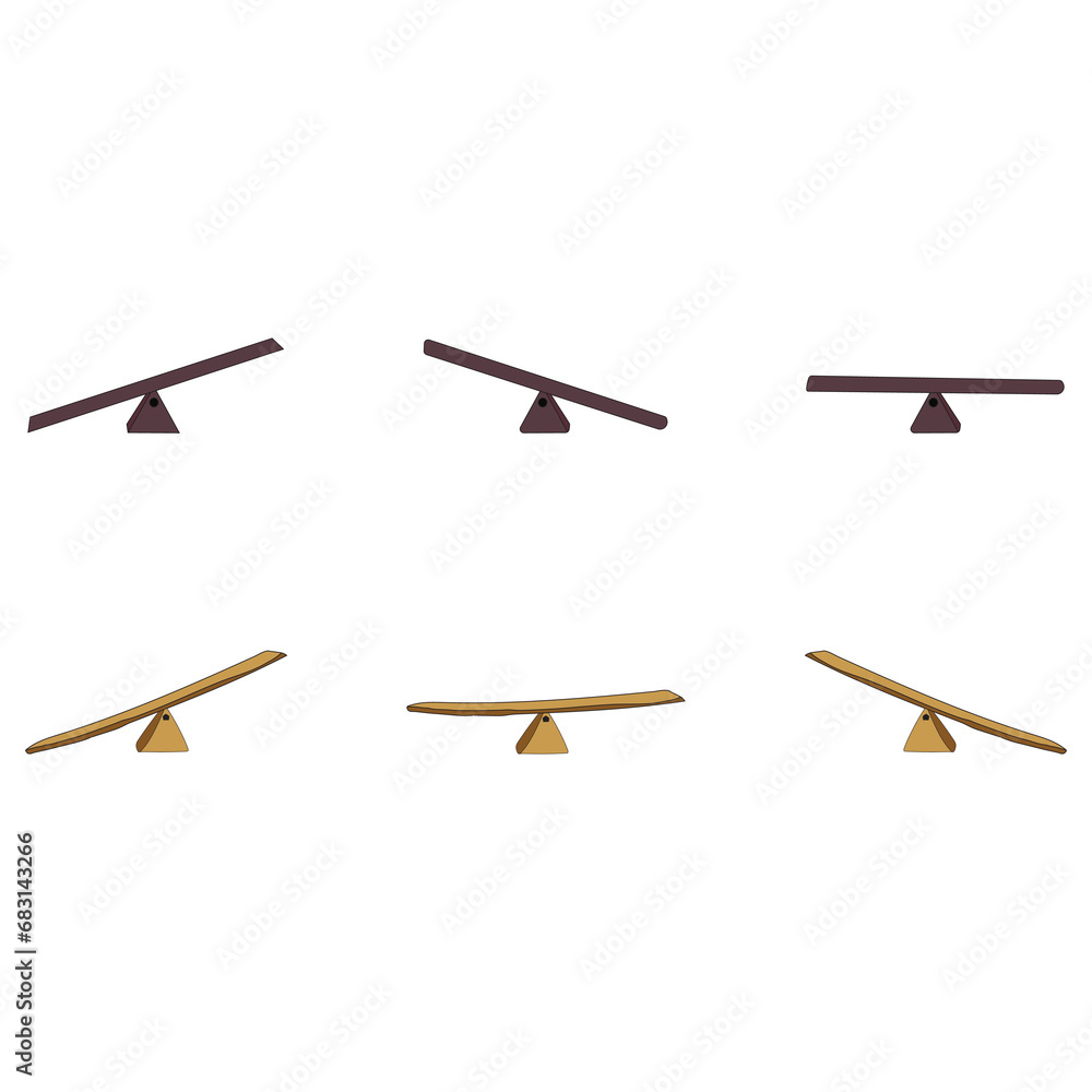 Seesaw or wooden balance scale set of three items - balanced and unbalanced, equal and unequal weightiness Seesaw or wooden balance scale set of three items - balanced and unbalanced, equal and unequal weightiness