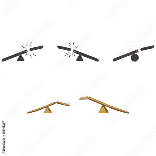 Set of rocking scales or broken wooden scales includes 3 pieces - balanced and unbalanced, equal and unequal weights.