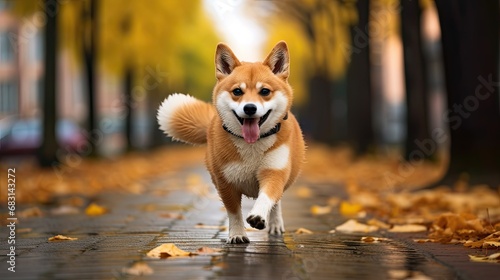 Happy Shiba Inu running on the road near blurred bark photo