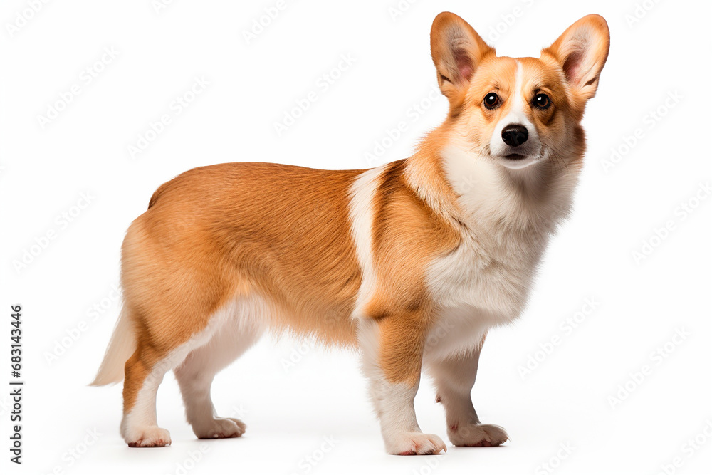 Corgi standing on a white background. Animal right-side portrait. Corgi standing on a white background. Animal right-side portrait.
