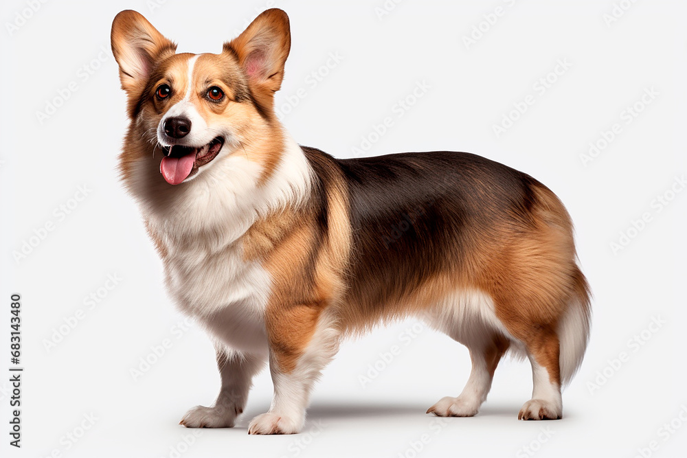 Corgi standing on a white background. Animal left-side portrait. Corgi standing on a white background. Animal left-side portrait.