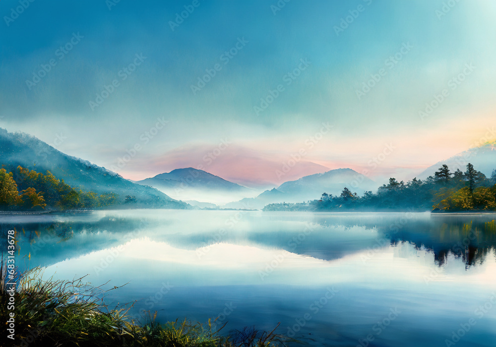 realistic illustration of morning view of peaceful lake landscape with clear sky and fog over the water realistic illustration of morning view of peaceful lake landscape with clear sky and fog over the water