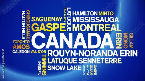 Canada animated tag word cloud;text design animation List of cities towns kinetic typography seamless loop. photo