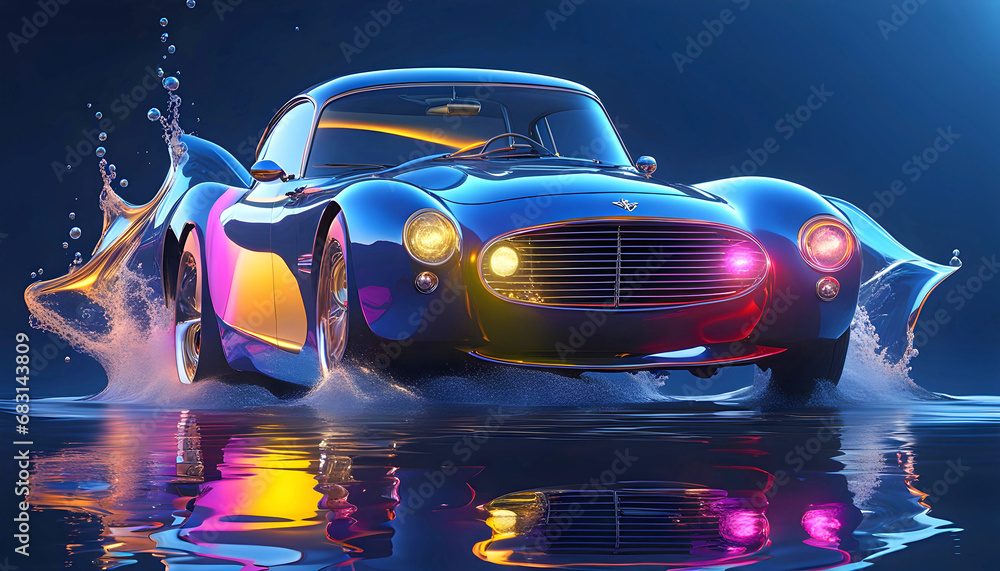 Modern car in bright light and splashes of water, beautiful graphic illustration, pop art,