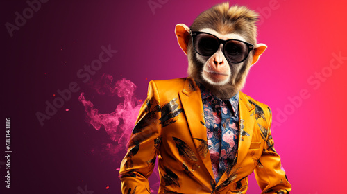 Stylish monkey with sunglasses, fashion clothes background palace isolated on a bright background photo