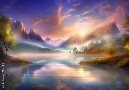 realistic illustration of morning view of peaceful lake landscape with clear sky and fog over the water