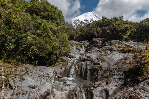 Wilkies Pools on the Kapuni Stream with the snow-capped Mount Taranaki (Egmont) in the background. 
