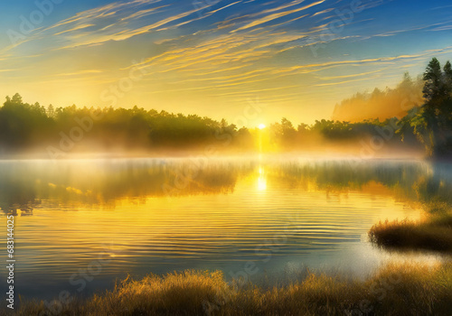 realistic illustration of morning view of peaceful lake landscape with clear sky and fog over the water © ANTONIUS