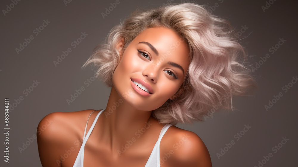 modelo afroamericana sonriente con hermoso cabello rubio y piel cuidada modelo afroamericana sonriente con hermoso cabello rubio y piel cuidada