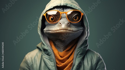 Poster of a lizard with a hood and glasses photo