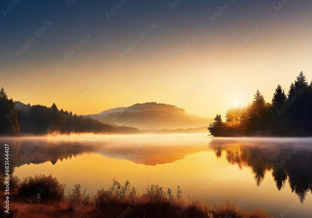 Obraz premium realistic illustration of morning view of peaceful lake landscape with clear sky and fog over the water