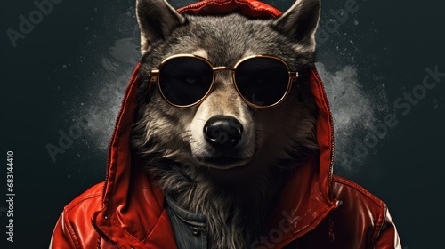 Poster of a wolf with a hood and glasses photo