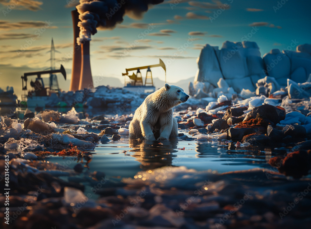 The critical crossroads of the polar bear's extreme life due to human environmental pollution. polar bear in the region, which is threatened by global warming.
 - obrazy, fototapety, plakaty 