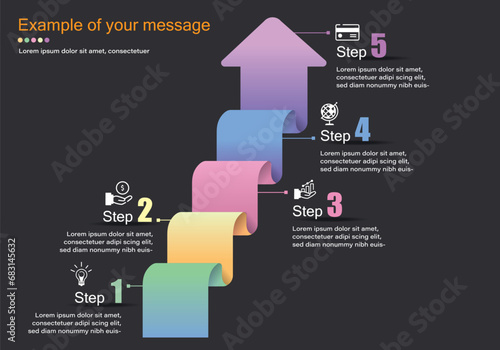 Vector infographic on a gray-black background of arrows with moving ribbon-like steps in 4 clearly colored steps to present finance, banking, administration, education, workflow, timeline.
