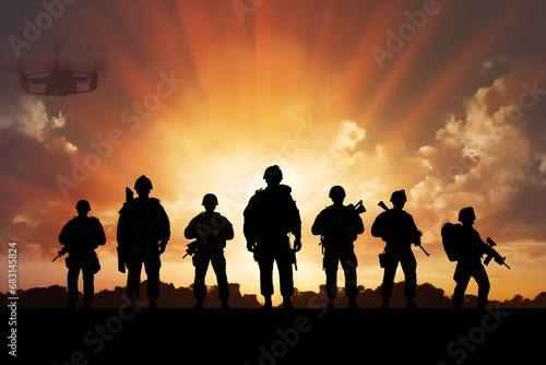 IDs de arquivo: 683145824 - Nomes originais: six military silhouettes on sunset sky background (1).png.png 