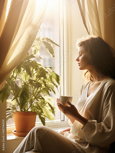 tranquil morning moment with a person enjoying a cup of coffee by a window, bathed in soft morning light