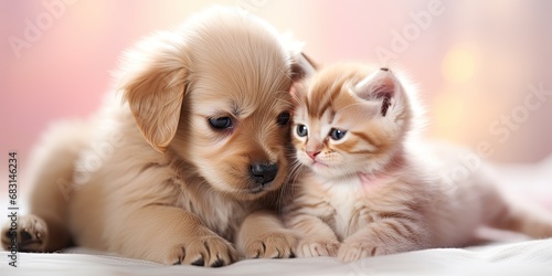 a baby kitten and a puppy playing in pastel background at studio, generative AI