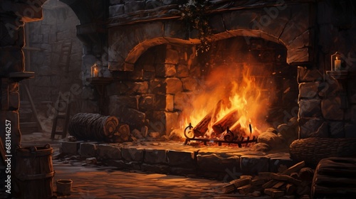 Flames roaring within an ancient stone hearth, casting a warm, inviting glow on the rustic surroundings.