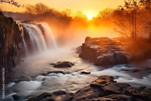 Sunrise under waterfall