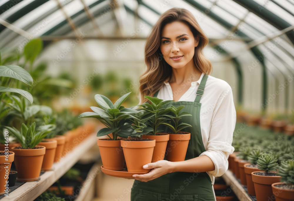 women holding a pot of plants inside a greenhouse
