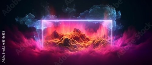 3d render, abstract fantastic neon background, glowing square linear frame, illuminated smoke and mysterious terrain. Fantasy landscape