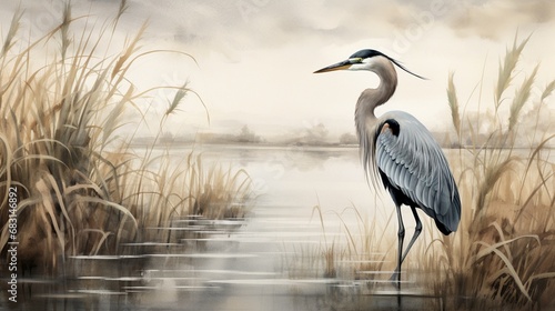 Highlight the serene elegance of a great blue heron standing tall in the shallows of a tranquil wetland, framed by emerald reeds. © Ahmad_Art