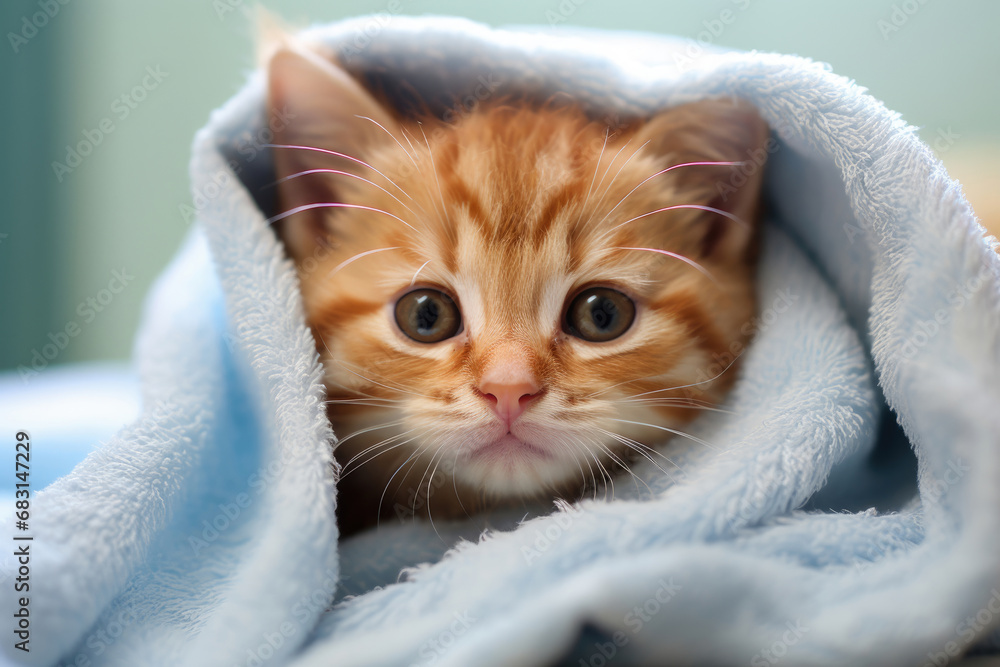 Cute cat wrapped in a bath towel
